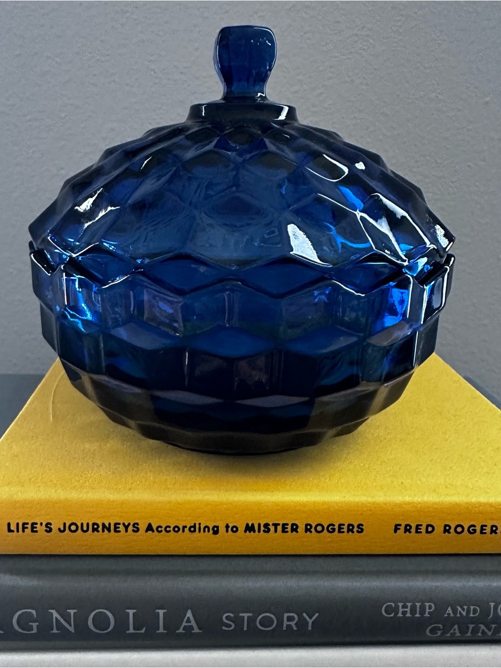 Vintage Indiana Glass Whitehall Cobalt Blue Candy Dish Lidded Cubist Mid Century